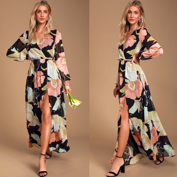 Lulus Dresses & Skirts - Lulu’s Wondrous Water Lilies Black Floral Print Maxi Dress